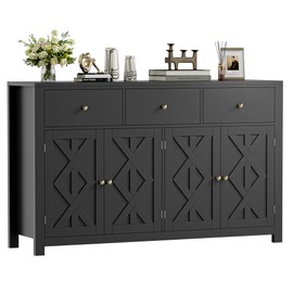 FINETONES Buffet Cabinet with Storage, 55.1” Large Sideboard Buffet Cabinet, Farmhouse Kitchen Cabinet Display Cabinet with 3 Drawers and 4 Doors, Wood Coffee Bar Cabinet for Kitchen, Black