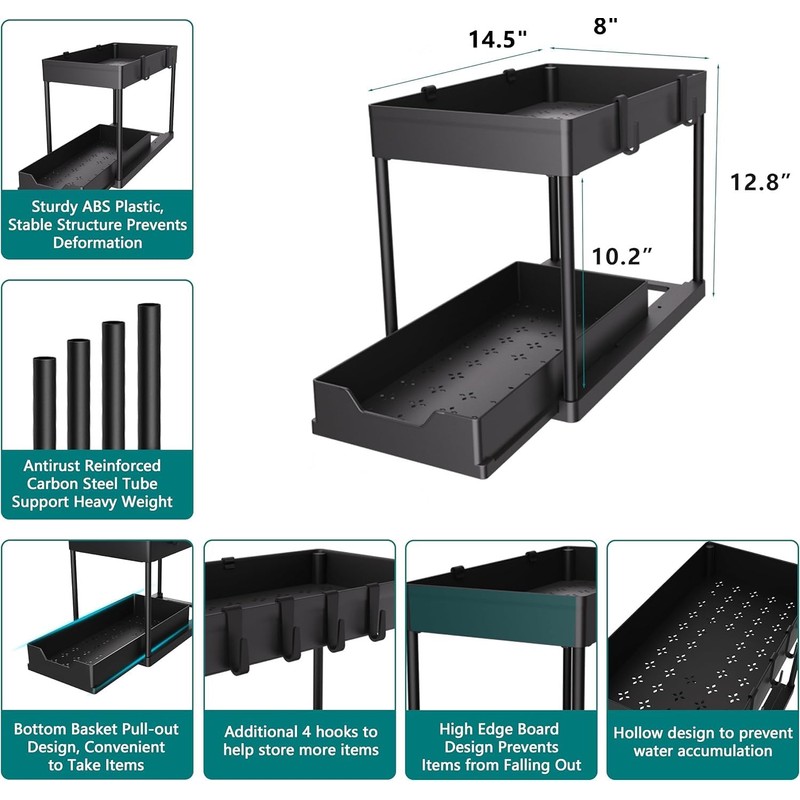 petisal Under Sink Organizer -2 PACK|Pull Out Bathroom Organizer|2 Tier