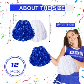 12 Pcs Pom Poms Cheerleading Cheer pom poms Metallic Foil Cheerleading Pom Poms with Plastic Handles Blue and White pom poms for Cheering in Sports Meet Competition Field and Other Festive Occasions
