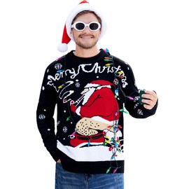Mainfini Men Christmas Sweater Ugly Xmas Santa Jumper Travel Black Graphic Snowflake Loose Fit Pullovers XXL