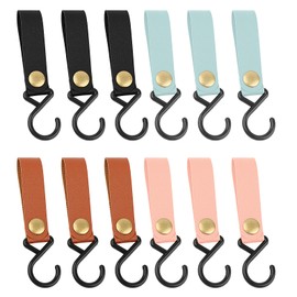 Hopton Pack of 12 S Hooks with Leather Loop, Hooks for Clothes Rail, Colourful, 16 x 3 cm Hooks for Hanging, S-shaped Leather Plastic Coat Hooks, Clothes Hooks for Wardrobe, Kitchen, Bathroom, Camping