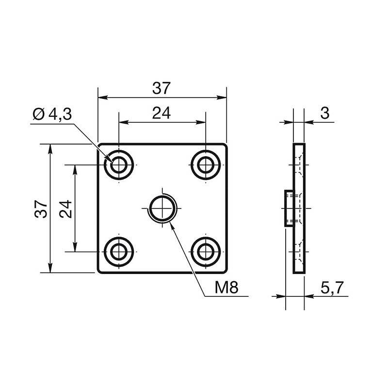 Design61 4 x Screw-On Plates, Mounting Plates, 37 x 37