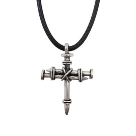 FORGIVEN JEWELRY Wire Wrapped Three Nails Antique Silver Metal Cross Pendant Black Cord Necklace