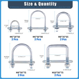 Glarks 10pcs M6/M8/M10 Round & Square U Bolts Set, 8pcs Round U-Bolts and 2pcs Square U-Bolt with Plates and Nuts, Zinc Plated Rounds Bend U Clamp for Sailboat Trailers, Boat