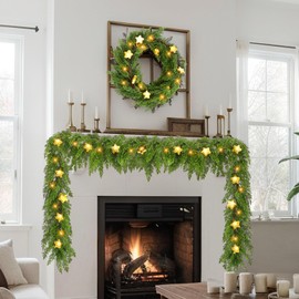 Meooeck 6.2FT Pre Lit Christmas Cedar Garland with Lights Artificial Pine Garland Christmas Decorations with Christmas Stars,8 Modes Timer Battery Operated for Outdoor Indoor (Gold Stars)