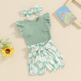 ZZLBUF Newborn Infant Baby Girl Summer Clothes Ribbed Ruffle Romper Daisy Shorts Headband Set Toddler 3Pcs Clothes (01# Green, 12-18 Months)