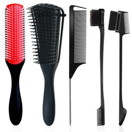 9-Row Cushion Nylon Bristle Shampoo Brush Detangling Brush for Curly Hair, Detangler Brush Hair Detangler 2 Different Edge Brush Double Sided Rattail Comb Parting Braids Comb
