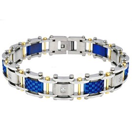 Blackjack Jewelry Mens Blue And Gold Stainless Steel Bracelet With Cubic Zirconia