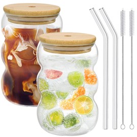 Forbabe Matcha latte glass, 2 pieces, 550 ml glass cups with lid and straw, latte glasses, bubble glass cups, macchiato glasses, cocktail glass, coffee glass, iced coffee drinking glass with brush and