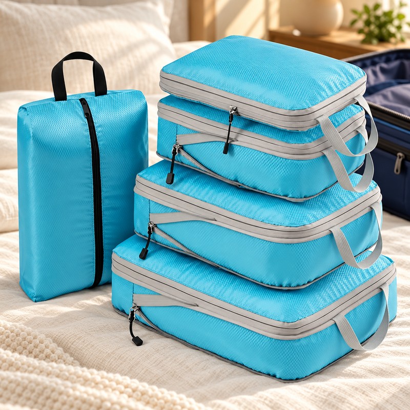 Compression Packing Cubes Set for Travel – Foldable Nylon Zipper