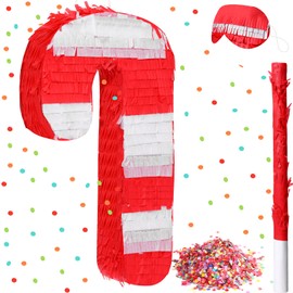 Qeeenar Christmas Piñata 16 Inch Christmas Piñata with Stick Blindfold and Confetti Pack Christmas Mexican Piñata Bundle Piñata for Kids Birthday Xmas Holiday Piñata Game(Candy Cane)
