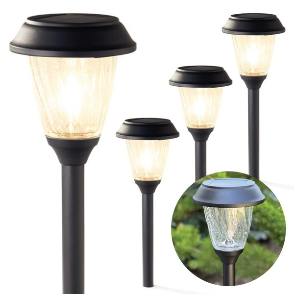 Outdoor Solar Lights for Yard - 4 Pack Black Pathway Lights Solar Powered, 14 Inch Tall, Two LED Settings (8 Lumen / 14 Lumen), Stainless Steel with Seeded Glass, Waterproof Landscape Lighting