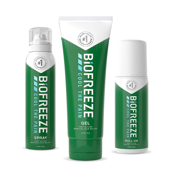 Biofreeze Pain Relief Gel Multi-Pack, Variety Pack Includes Tube, Spray, and Roll-On Formulas of the #1 Clinically Recommended Topical Analgesic (Packaging May Vary)