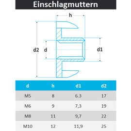 PROTECH Pack of 10 Drive-In Nuts with 4 Drive-In Tips, M5 Stainless Steel, A2 V2A, Rustproof Impact Thread