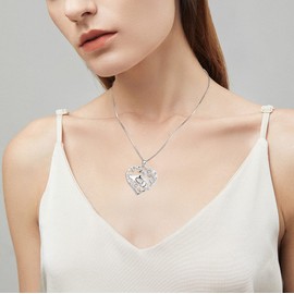 YL Mum Heart Necklace 925 Sterling Silver Mom Hold Child's Hand cut April Birthstone White Cubic Zirconia Pendant Gifts for Mum Women