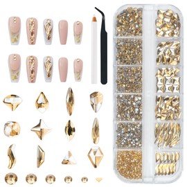 qiipii- 【1 caja B Set 12 rejillas de diamantes de imitación dorados champán para uñas + pinzas de acero inoxidable + bolígrafo para recoger】Total de 2052 piezas de cristales de uñas de diamantes de i