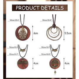 Finrezio 4 Pieces Brown Wooden Necklaces for Women Handmade Long Sweater Necklace Set Bohemian Vintage Long Necklaces Wooden Necklaces Dragonfly Tree of Life Layered Necklace, Wood, alloy