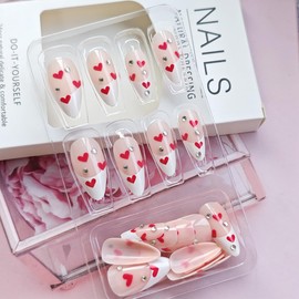 24Pcs White French Tip Press on Nails Short Almond Heart Fake Nails Red Heart with Rhinestones Glitter Designs Full Cover Glue on Nails Artificial Valentines False Nails for Women Acrylic Nails