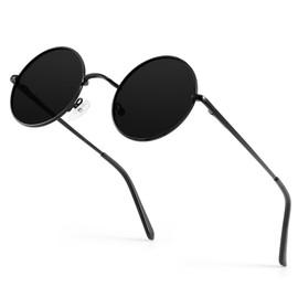Round Sunglasses Men Women Polarized Hippie Round Sun Glasses Small Circle Sun Glasses Metal Frame With UV Protection, Black Rim (47mm)