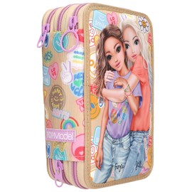 Depesche TOPModel Girl Power 13282 Filled 3-Compartment Pencil Case in Beige, with Model Motif and Colourful Batches, Pencil Case with Colouring Pencils, Scissors, Ruler and much more