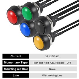 10PCS 12mm Momentary Push Button Switch Mini Round Switch Waterproof 1A 250V AC SPST NO 2 Pin PBS-33B with Pre-soldered Wire - Black red Green Yellow Blue