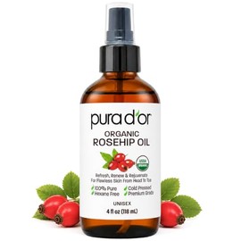 PURA D'OR Aceite de Semilla de Rosa Mosqueta ORGÁNICO de 4 Oz - 100% Puro Prensado en Frío Certificado USDA Tratamiento Anti-Envejecimiento - Rico en 