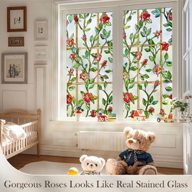 ALIUNI Stained Glass Window Film, Window Privacy Film Frosted Faux 3D Floral Decorative Static Cling Heat Blocking Window Tint, Rose, 35.4 X 78.7 in