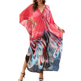 Bsubseach Kaftan Dresses for Women Sheer Beach Swimsuit Cover Up Batwing Sleeve Plus Size Caftan Cover Ups Blue Pink Flower