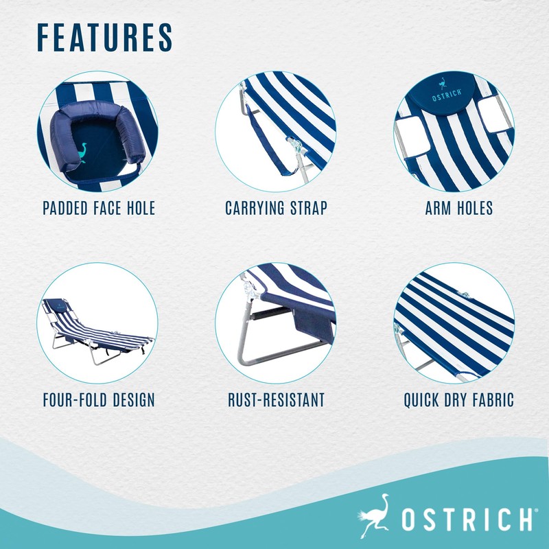 Ostrich Chaise Lounge Folding Portable Sunbathing Beach Chair, Striped (2