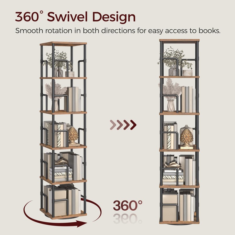 MAHANCRIS 5-Tier Rotating Bookshelf, Freestanding Corner Bookshelf, 360° Spinning Bookcase,
