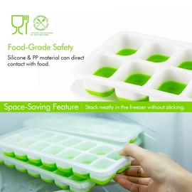 U Chef Moldes para Cubitos de Hielo con Tapa, Set de 4 Bandejas Flexibles de Silicona de Fácil liberación Con Tapa Extraíble Resistente a Derrames, Bandejas de Hielo Apilables