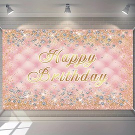 Pink Gold Happy Birthday Backdrop Diamond Sparkle Women Sweet Birthday Party Decoration for Women Girls Lady Sweet Party Decorations Photo Props (Pink and Gold)