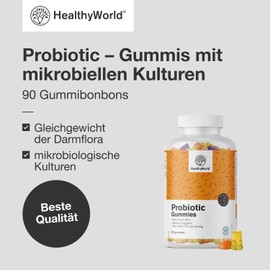 HealthyWorld® Probiotic - Gummies with Microbial Cultures - Orange, Lemon and Blueberry Flavour - With Vitamin B12-90 Gummies (500 Million CFU per Serving) - For Gut Microflora
