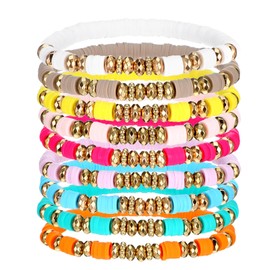 Heclia Perlenarmband Damen 9 Stück Bunte Armbänder Damen Bohemian Armband Set Aus Weichem Ton Elastische Sommer Surfer Stapelarmbänder für Süße Süßigkeiten Partygeschenke Alltagskleidung