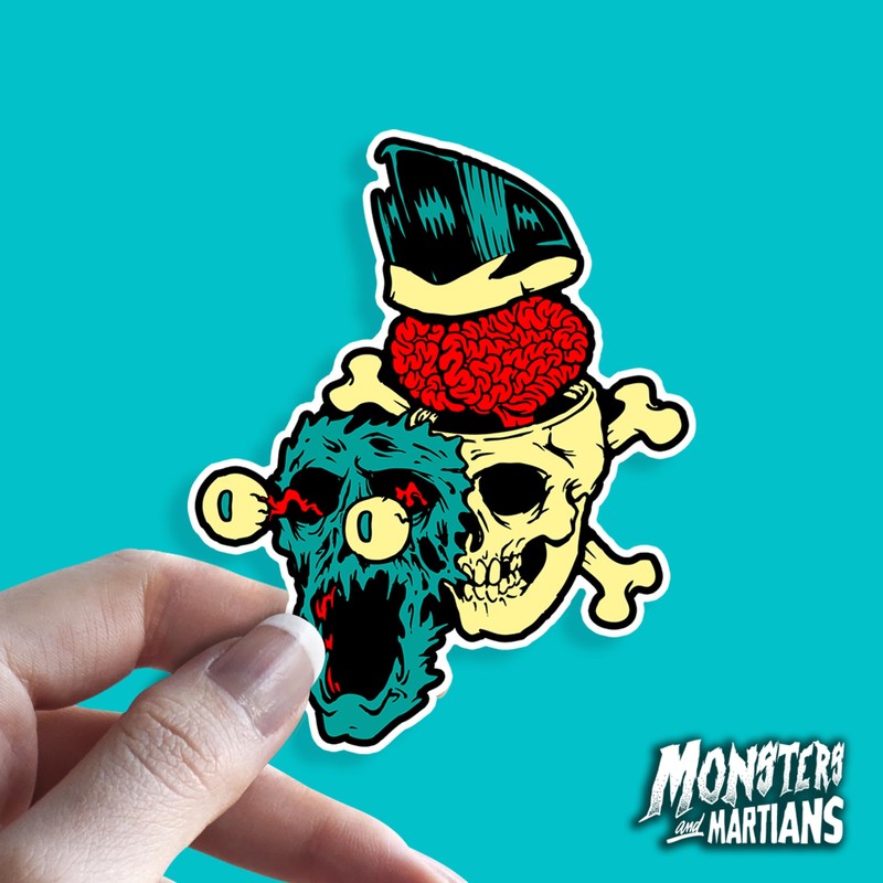 4" Skull and Crossbones Sticker Exploding Skull Pompadour Quiff Psychobilly