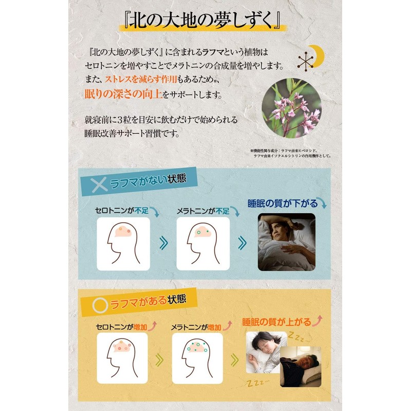 ラフマ 配合「グリシン/テアニン/GABA/を既に試した方に」睡眠 サプリ 北の快適工房 北の大地の夢しずく 1ヵ月分 90粒