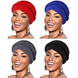 4 Pieces African Women Turban Cap Beaded Headscarf Beanie Twisted Braid Wrap Hat Faux Pearl Headwrap (Black, Gray, Bright Red, Sapphire Blue, Bead Style)