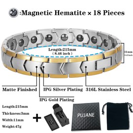 PUJANE Magnetic Hematite Bracelets for Men Women 316L Stainless Steel Power Balance Energy Magnets Stones Bracelet Jewelry Gift with Adjustment Tool (Silver&Gold)