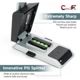 Auto Centering Pill Cutter Device, Pill Splitter Made of Aviation Aluminum Alloy with 402 Stainless Blade, Anti Cut Design,Ergonomic Operation Control,Designed in The USA (Silvery)
