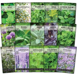 Sow Right Seeds - 15 Herb Garden Seed Collection for Planting - Essential Herbs for Cooking - Non-GMO Heirloom Packet Instructions to Grow Kitchen Garden Indoors or Outdoors - Great for Hydroponics