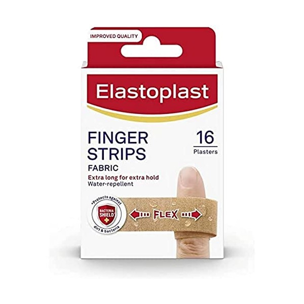 Elastoplast Extra Flexible Finger Strip Plasters (16 Pieces), Flexible and Durable Plasters for Fingers, Stretchy Fabric Plasters, Waterproof Plaster, Extra-long Plaster for Better Hold, Tan