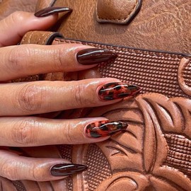 Fall Winter Press on Nails Almond Fake Nails with Leopard Print Design Gradient Brown False Nails Reusable Artificial Nails Glue on Nails Medium Stick on Nails for Women Nails Decorations 24Pcs