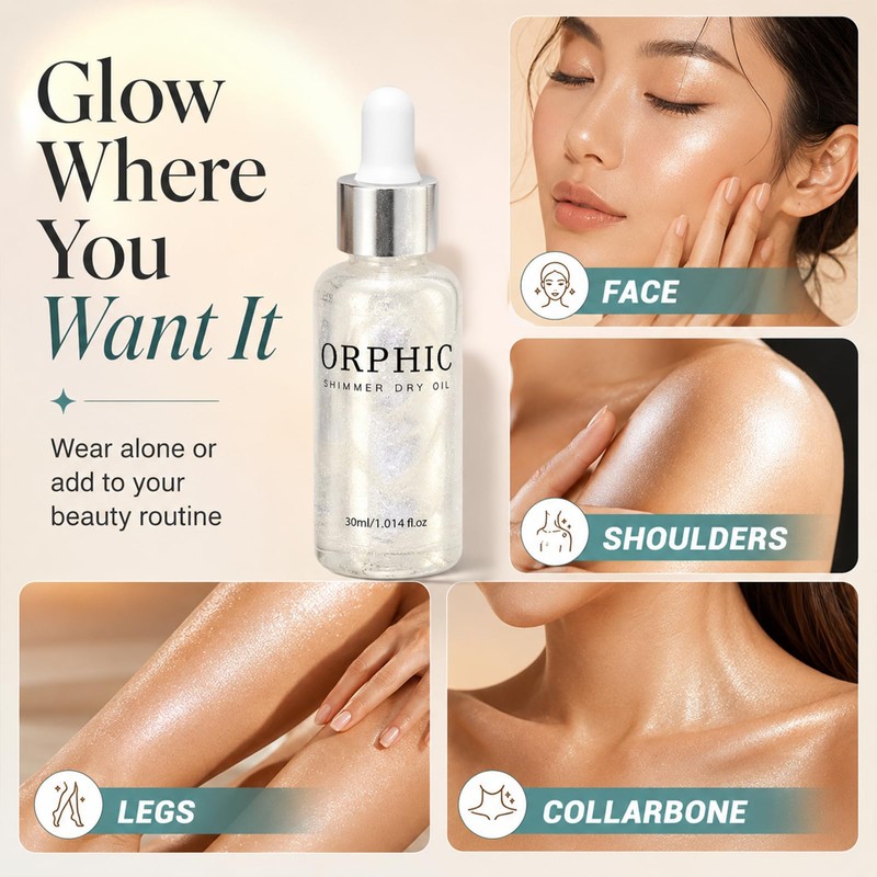 Dry Oil, Body Glitter Oil Liquid Highlighter, Fast-Absorbing Face Brighten,