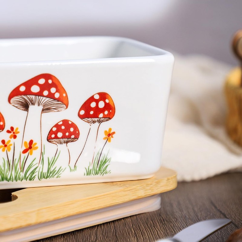 WAIT FLY Mushroom Ceramic Butter Dish with Bamboo Lid and