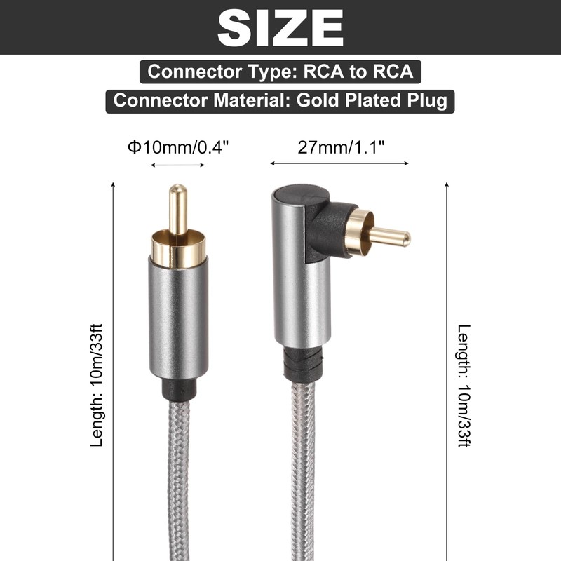 DMiotech 90 Degree RCA Cable 33ft, RCA Subwoofer Cable Dual