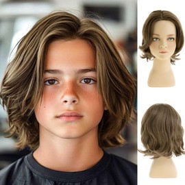 Dsimeig Short Brown Boy Wig Synthetic Layered Wavy Child Wig Cosplay Halloween Costume Use