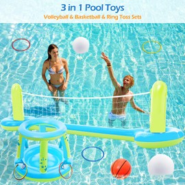Jasonwell Pool Toys Games Set - 3 in 1 Pool Volleyball Net Basketball Hoop Ring Toss Game Inflatable Floats Water Floating Volleyball Swimming Pools Party Game Accessories Toy Gift Kids Teens Adults