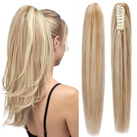 FUOTONBUTY Claw Clip Ponytail Extension 100% Real Remy Human Hairpiece Pony Tails Hair Extensions Long Straight Ponytail for Women (Balayage Caramel Blonde to Bleach Blonde, 20 inch)