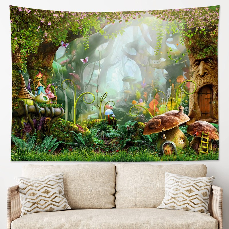 HVEST Fairy Tale Tapestry Mushroom and Green Plants in Forest