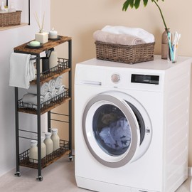 NORCEESAN Slim Storage Cart Rolling Kitchen Cart with Wheels Narrow Laundry Storage Utility Cart 4 Tier Bathroom Mobile Shelving Unit Organizer with Wood Tabletop Trolly Cart with Handle for Small Spaces, Brown